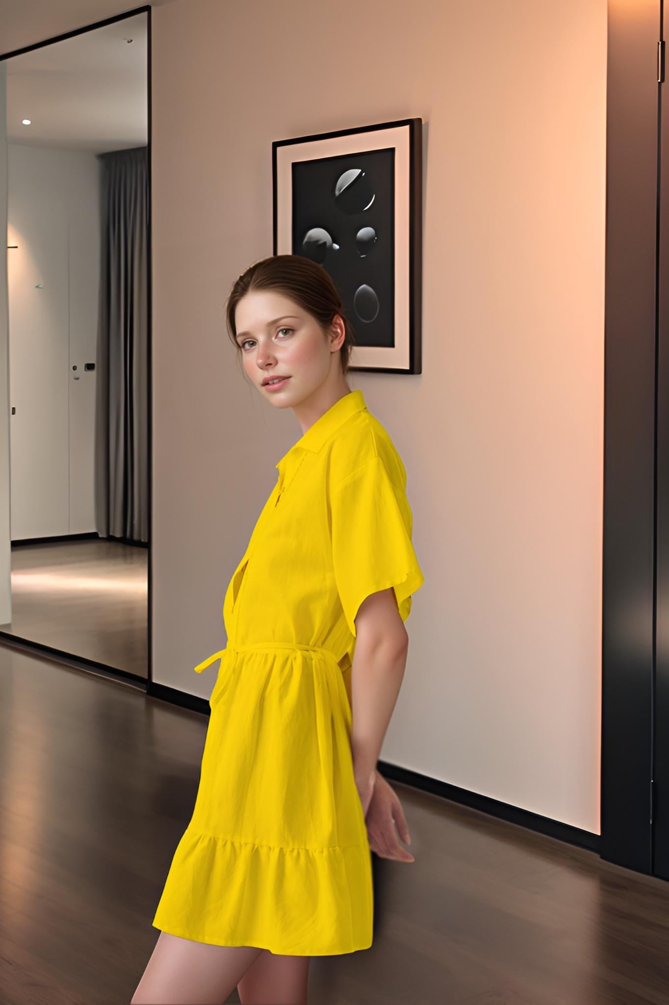 Yellow Linen Midi Dress – Short Sleeve Summer Dress with Waist Tie, Casual Loose Fit Tunic | SKU.25T09T7E
