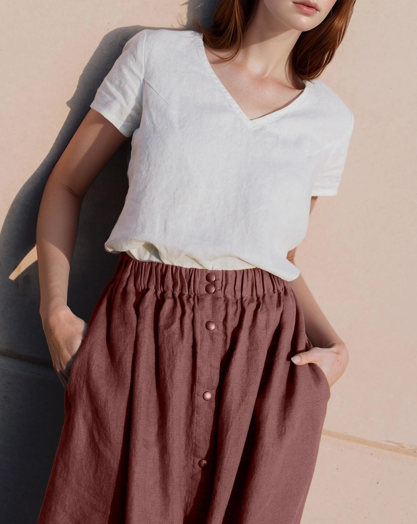 Vintage-Inspired Linen Midi Skirt with Brass Snap Buttons, High-Waist Elastic A-Line Skirt, Flowing Comfortable Summer Skirt | SKU.25T22T2W