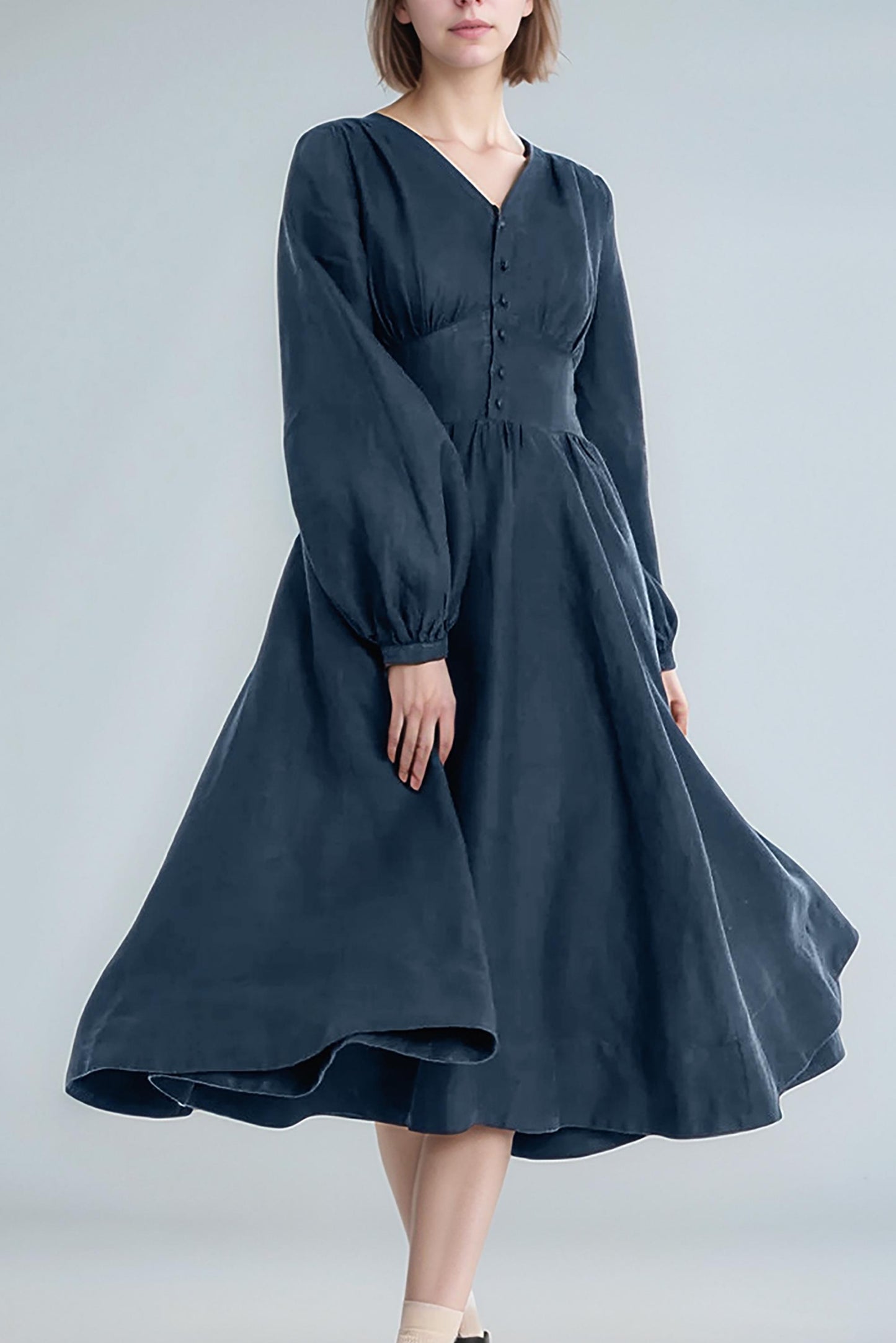 Vintage-Inspired Linen Midi Dress – Elegant Puff Sleeve Dress with Waist Tie | SKU.25T11T5B