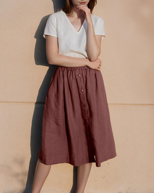 Vintage-Inspired Linen Midi Skirt with Brass Snap Buttons, High-Waist Elastic A-Line Skirt, Flowing Comfortable Summer Skirt | SKU.25T22T2W