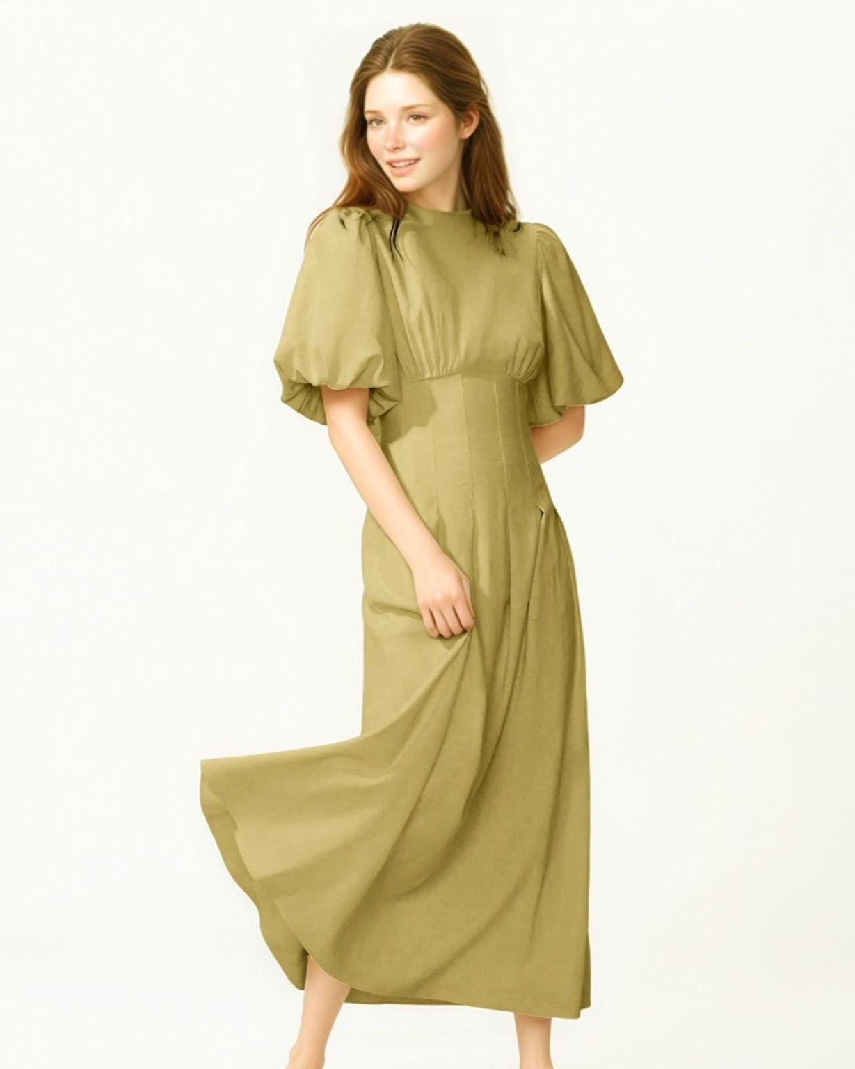 Elegant Olive Elastic Linen Puff Sleeve Maxi Dress – Square Neck, Flowy A-Line, Custom Fit, Summer Boho Chic | SKU.25T15T4A