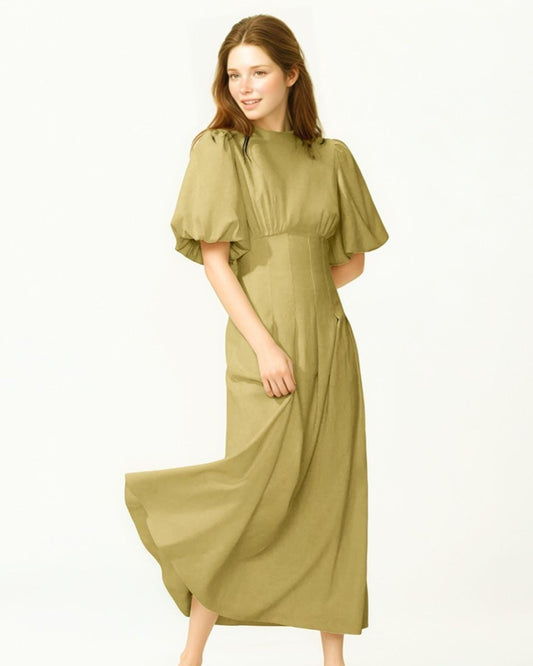 Elegant Olive Elastic Linen Puff Sleeve Maxi Dress – Square Neck, Flowy A-Line, Custom Fit, Summer Boho Chic | SKU.25T15T4A