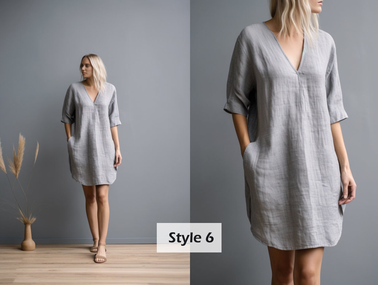 Versatile Linen Dress with Pockets | Split Neck and 3/4 Sleeves | Stylish Linen Shift Dress