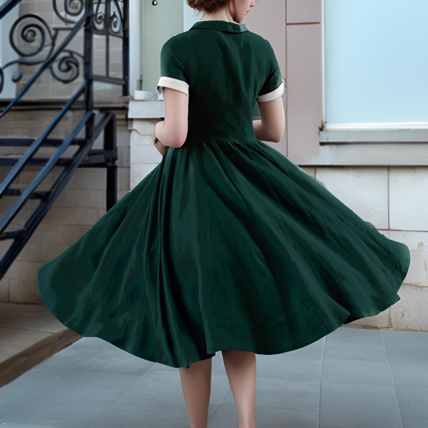Vintage-Inspired Green Linen Dress – Peter Pan Collar, Short Sleeve Midi Dress with Pockets | SKU.25T10T2B