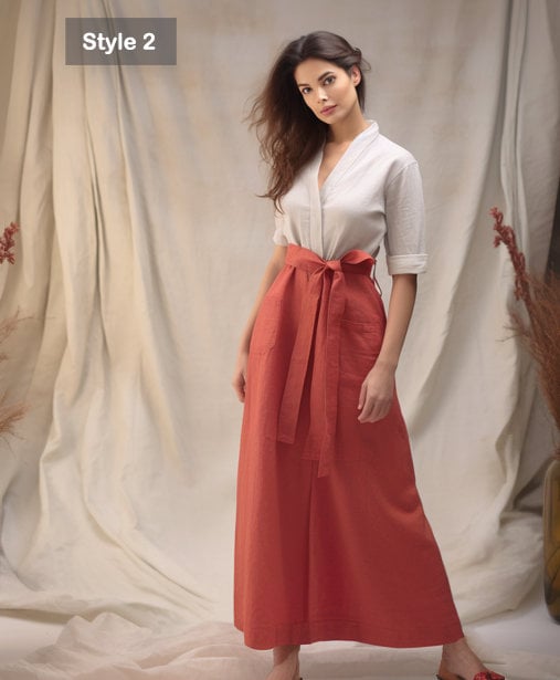Women's Linen Wrap Dress | 3/4 Sleeves, True Wrap Closure | Pockets | Ankle-Length Skirt | Japanese-Inspired Traditional Dress | 230919B