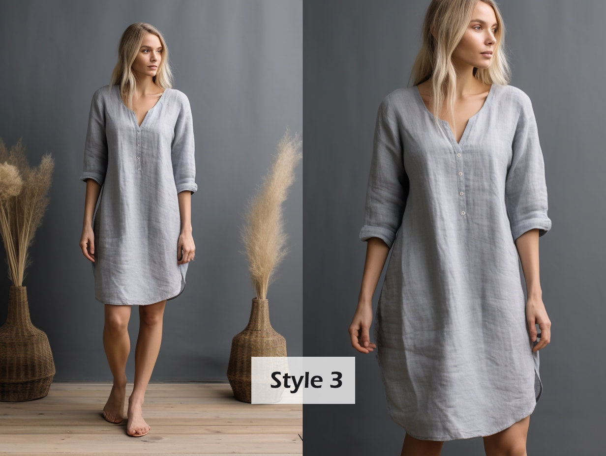 Versatile Linen Dress with Pockets | Split Neck and 3/4 Sleeves | Stylish Linen Shift Dress