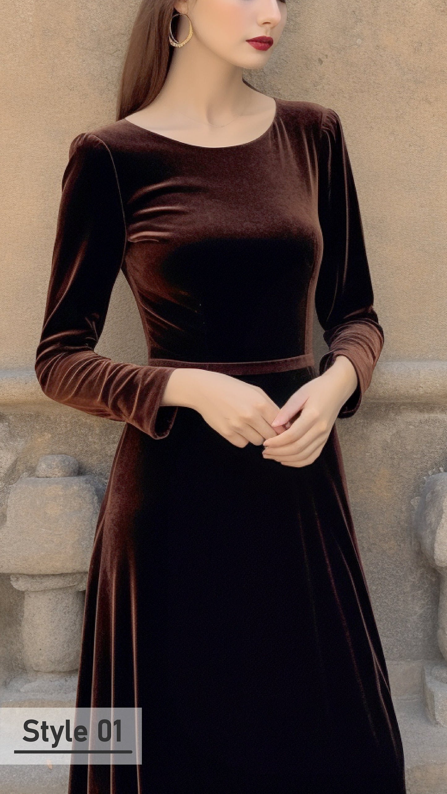 Chic Velvet Midi Dress - Boat Neck, Full Fitted Sleeves, Closed Back - Bridesmaids or Evening Events - Customizable and Personalizable