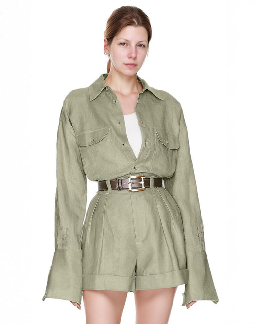 Linen Button Down Shirt Women - Long Sleeve Oversized Blouse with Front Pockets, Casual Lightweight Spring Shirt | SKU.25T22T4N