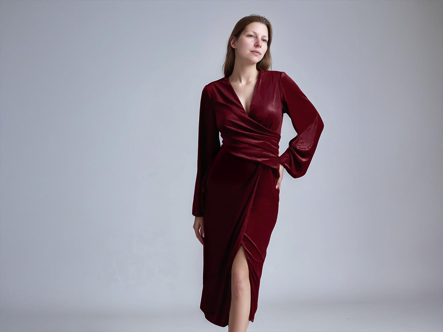Burgundy Velvet Wrap Dress – Elegant Long Sleeve Midi Dress for Formal Events & Weddings | SKU.25T17T6H