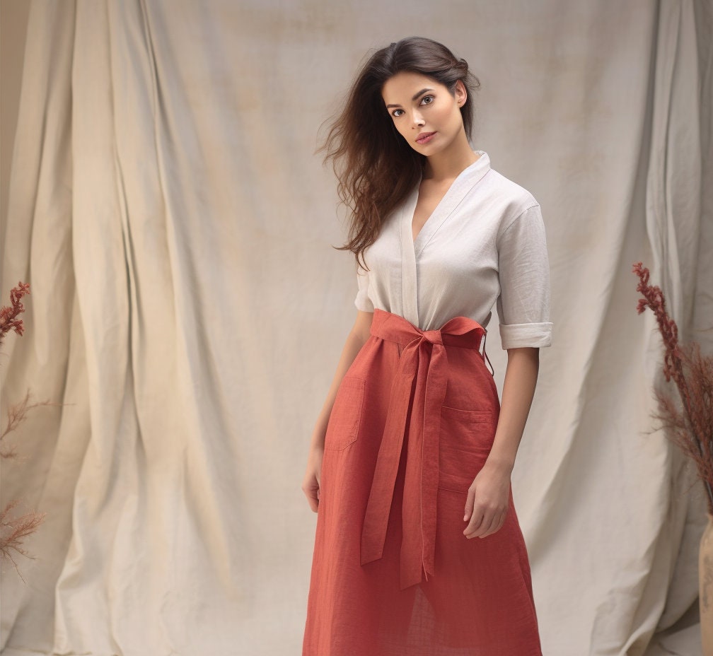 Women's Linen Wrap Dress | 3/4 Sleeves, True Wrap Closure | Pockets | Ankle-Length Skirt | Japanese-Inspired Traditional Dress | 230919B