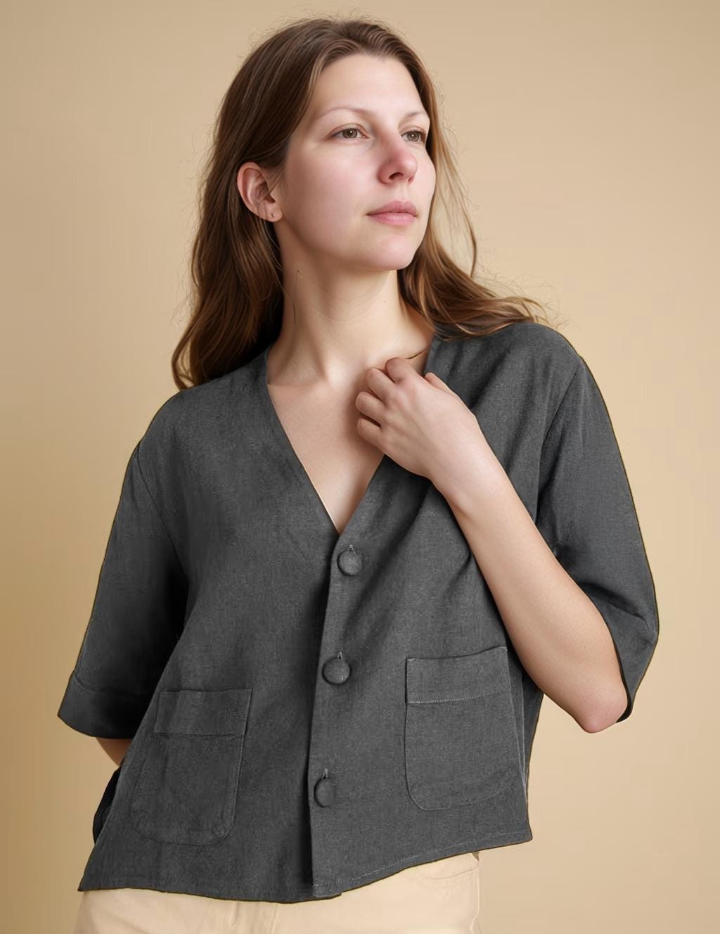 Linen V-Neck Relaxed Shirt - Cropped Boxy Fit, Button Front, Short Sleeve Summer Blouse | SKU.25T22T3Z