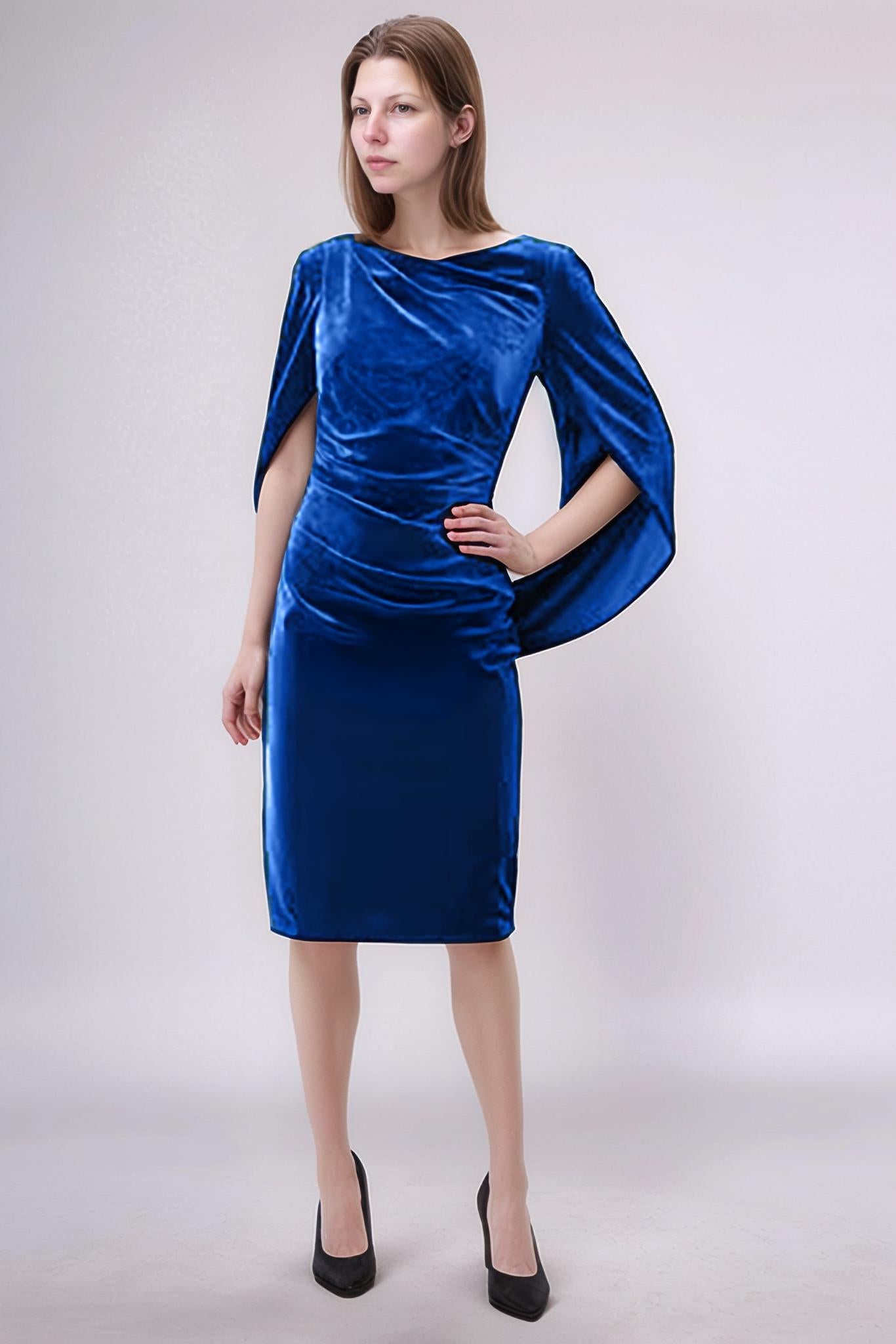 Royal Blue Velvet Cape Sleeve Dress – Elegant Draped Shift Dress for Evening or Holiday Parties | SKU.25T17T6Z