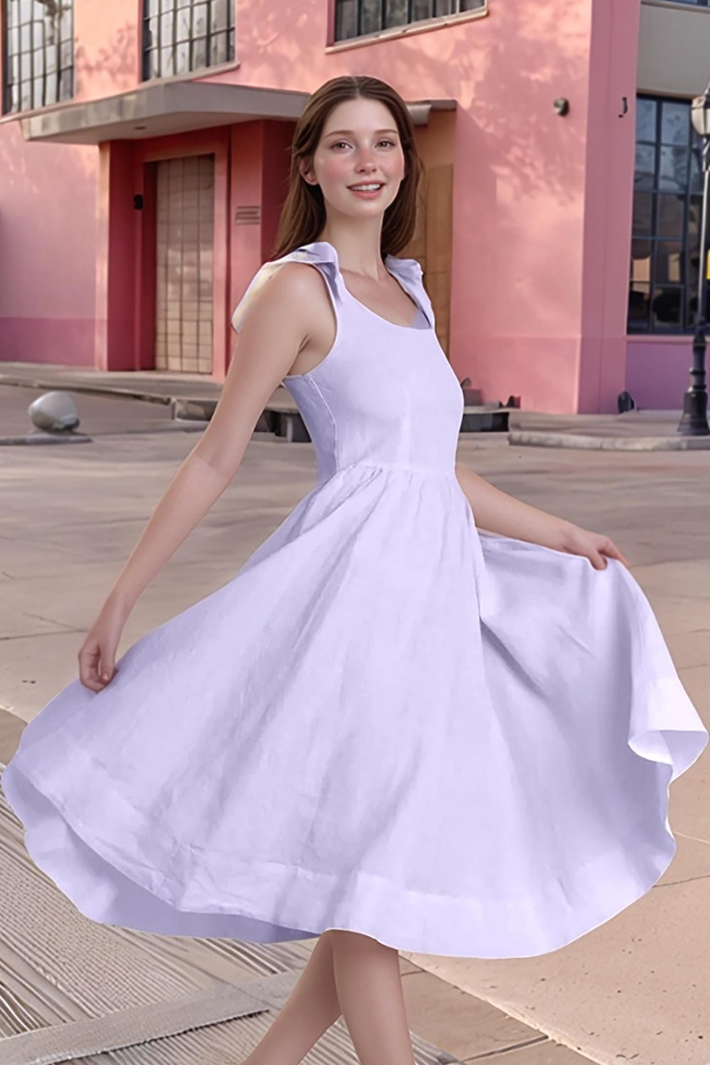 Elegant Sleeveless Linen Midi Dress – Flowy Summer Sundress with Ruffle Collar | SKU.25T11T5G