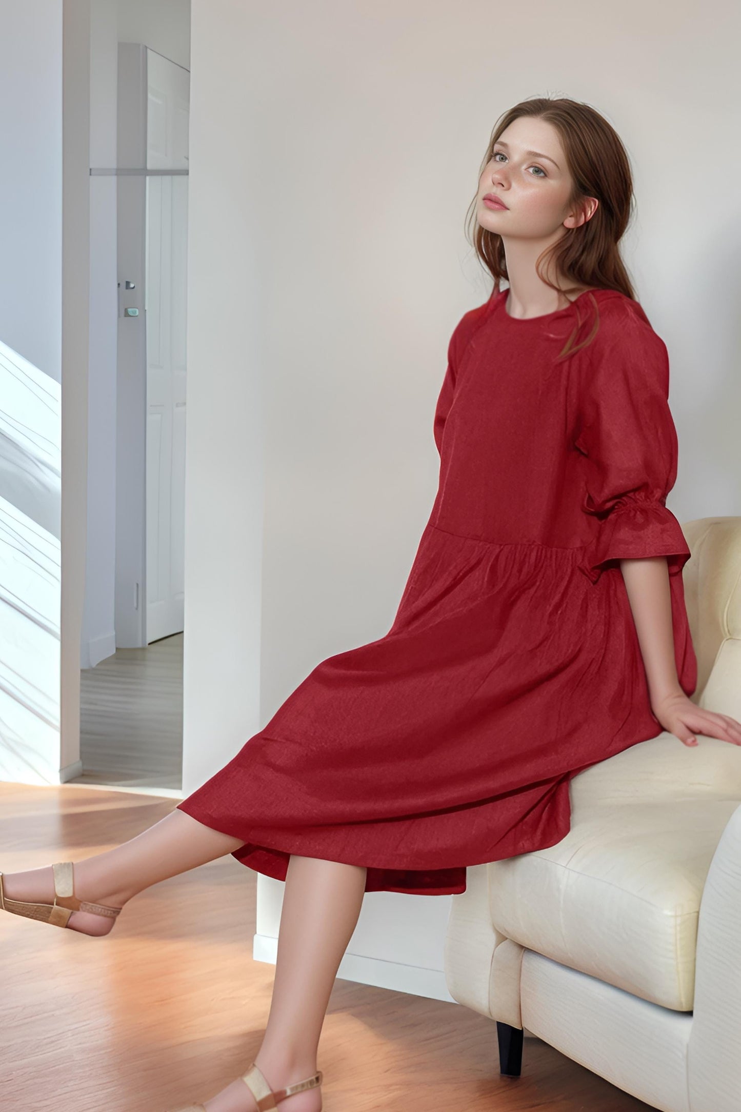 Rust Red Linen Dress – Loose Fit Midi Dress, Long Sleeve Casual Dress, Boho Chic Summer Dress | SKU.25T09T7B
