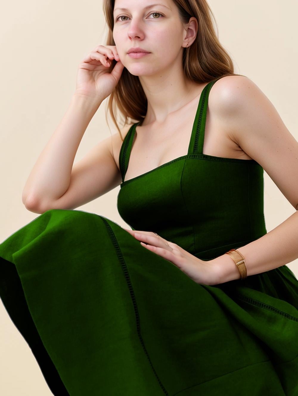 Green Linen Midi Dress with Square Neckline, Straps, and Tiered Skirt — Summer Sundress, Customizable Fit | SKU.25T15T3U