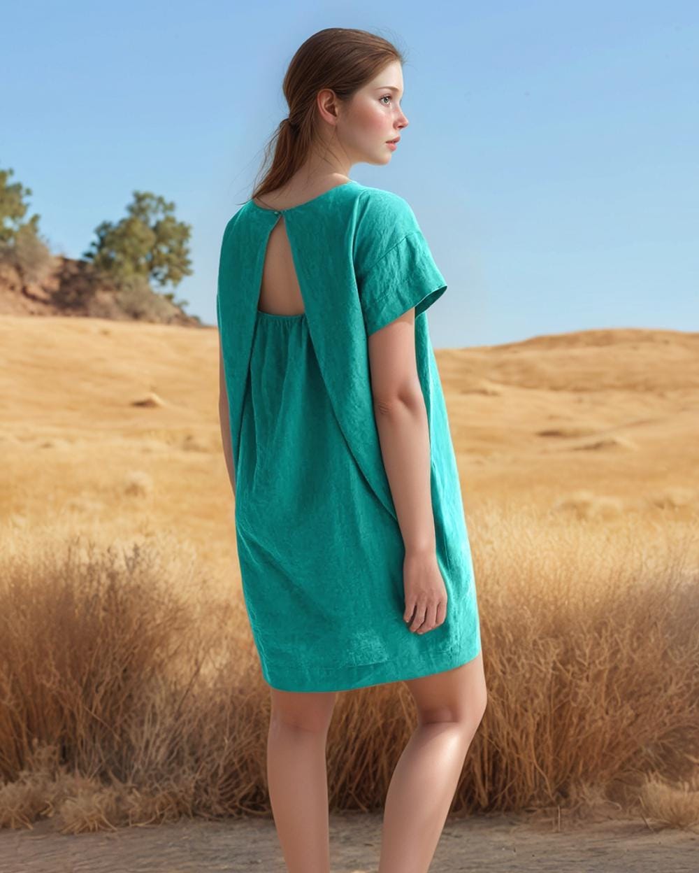 Custom Linen Tunic Dress for Women, Relaxed Fit Back Pleat Dress, Short Sleeve Summer Shift, Minimalist Beach Dress | SKU.25T14T4E
