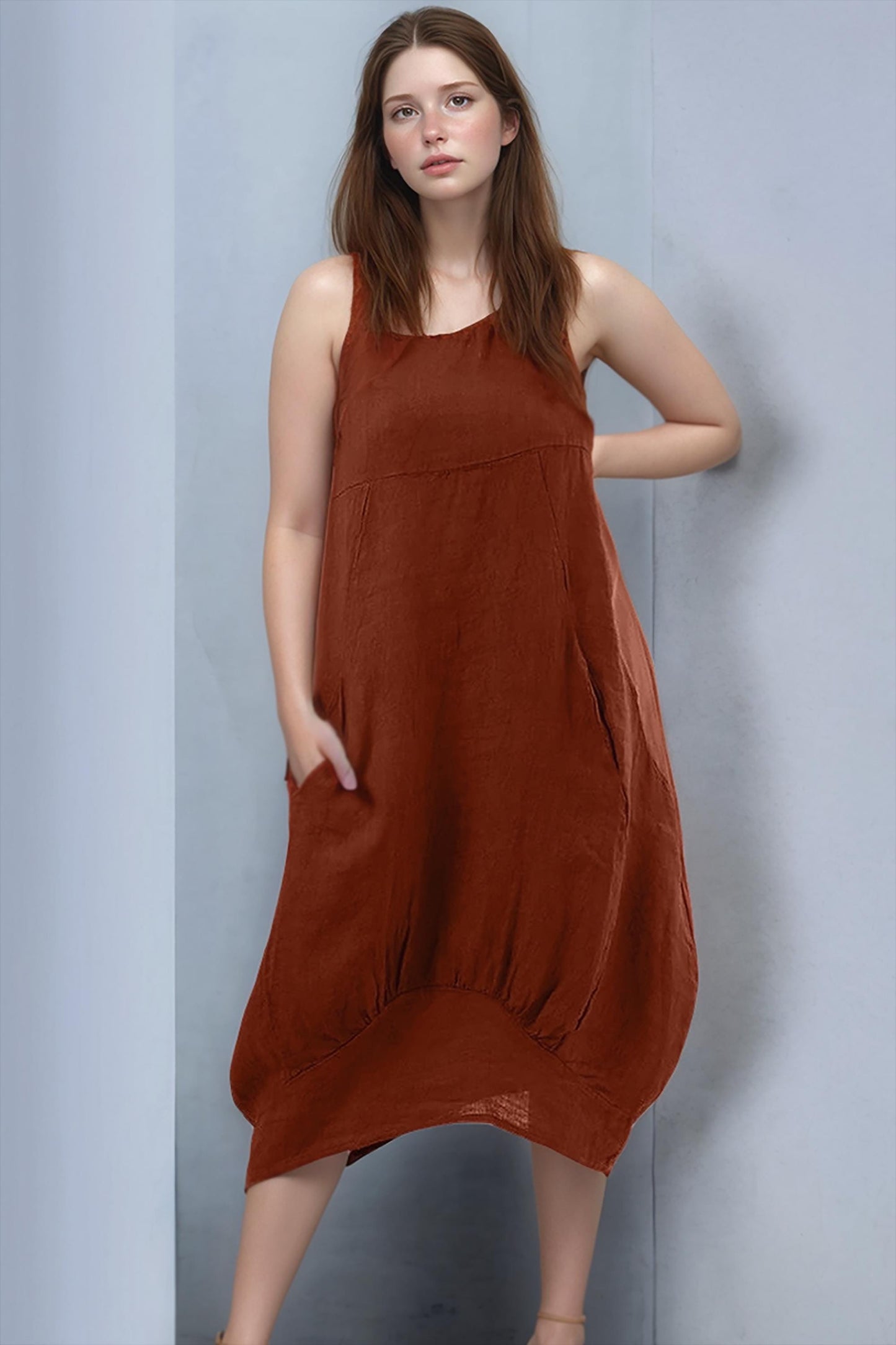 Rust Orange Sleeveless Linen Midi Dress with Pockets - Relaxed Fit | SKU.25T11T7A