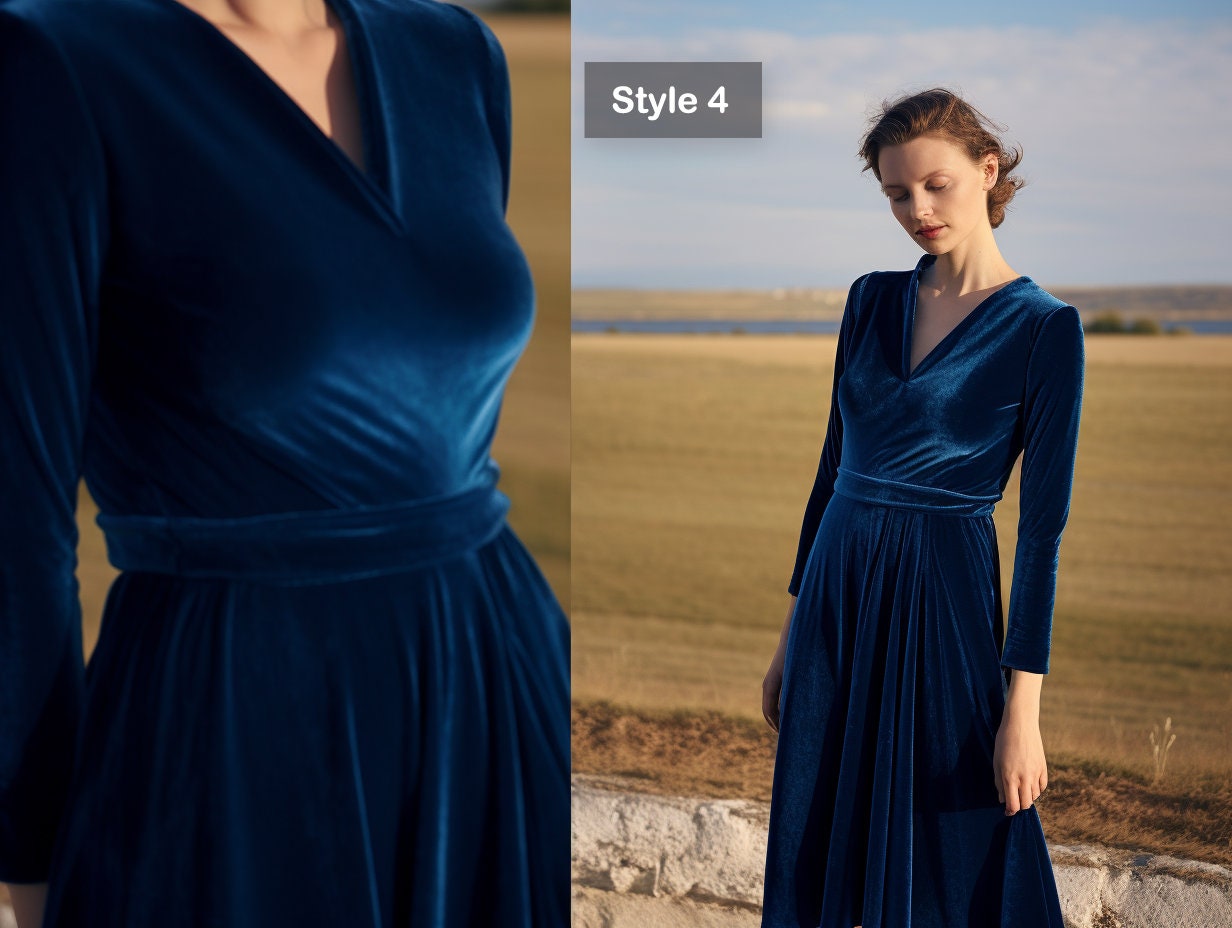 Velvet Midi Dress with Long Sleeves, V-Neck, and Closed Back - Below Knee Length - Elegant Women's Fashion | Customizable | Personalizable