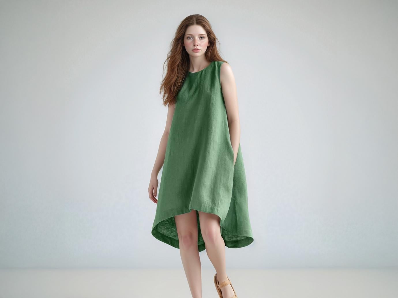Asymmetrical Green Linen Dress, Sleeveless High-Low Hem, Summer Shift Dress, Casual Loose Fit, Minimalist Linen Dress | SKU.25T14T7E