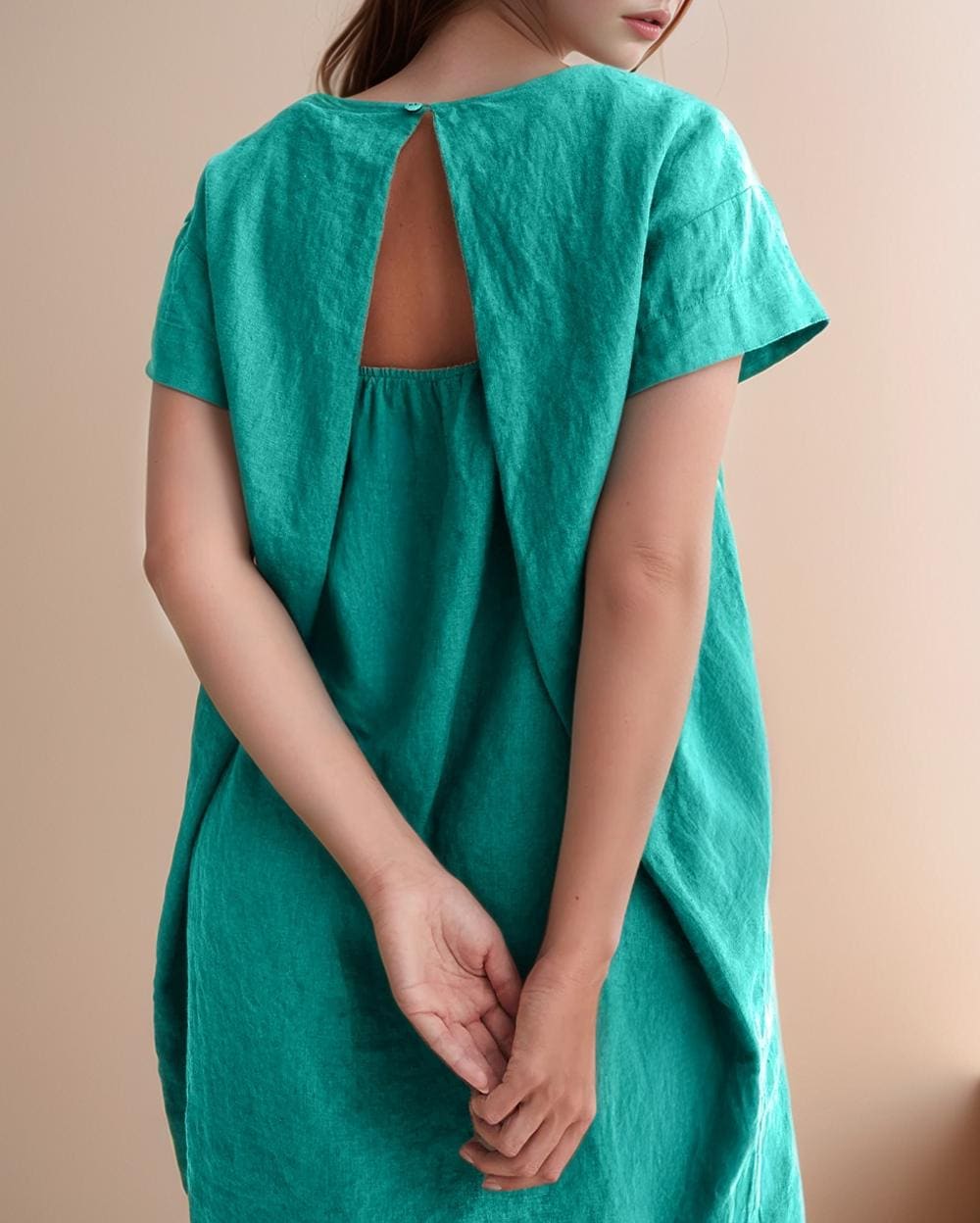 Custom Linen Tunic Dress for Women, Relaxed Fit Back Pleat Dress, Short Sleeve Summer Shift, Minimalist Beach Dress | SKU.25T14T4E