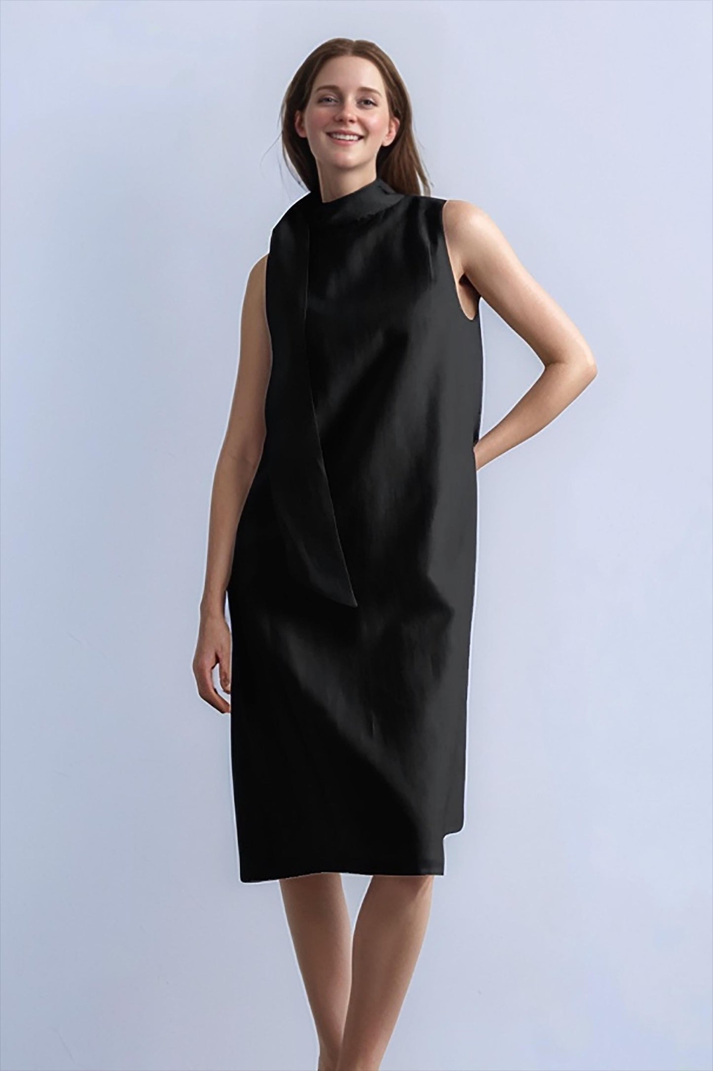 Elegant Black Sleeveless Shift Dress – Minimalist Asymmetric Neckline | SKU.25T11T3A