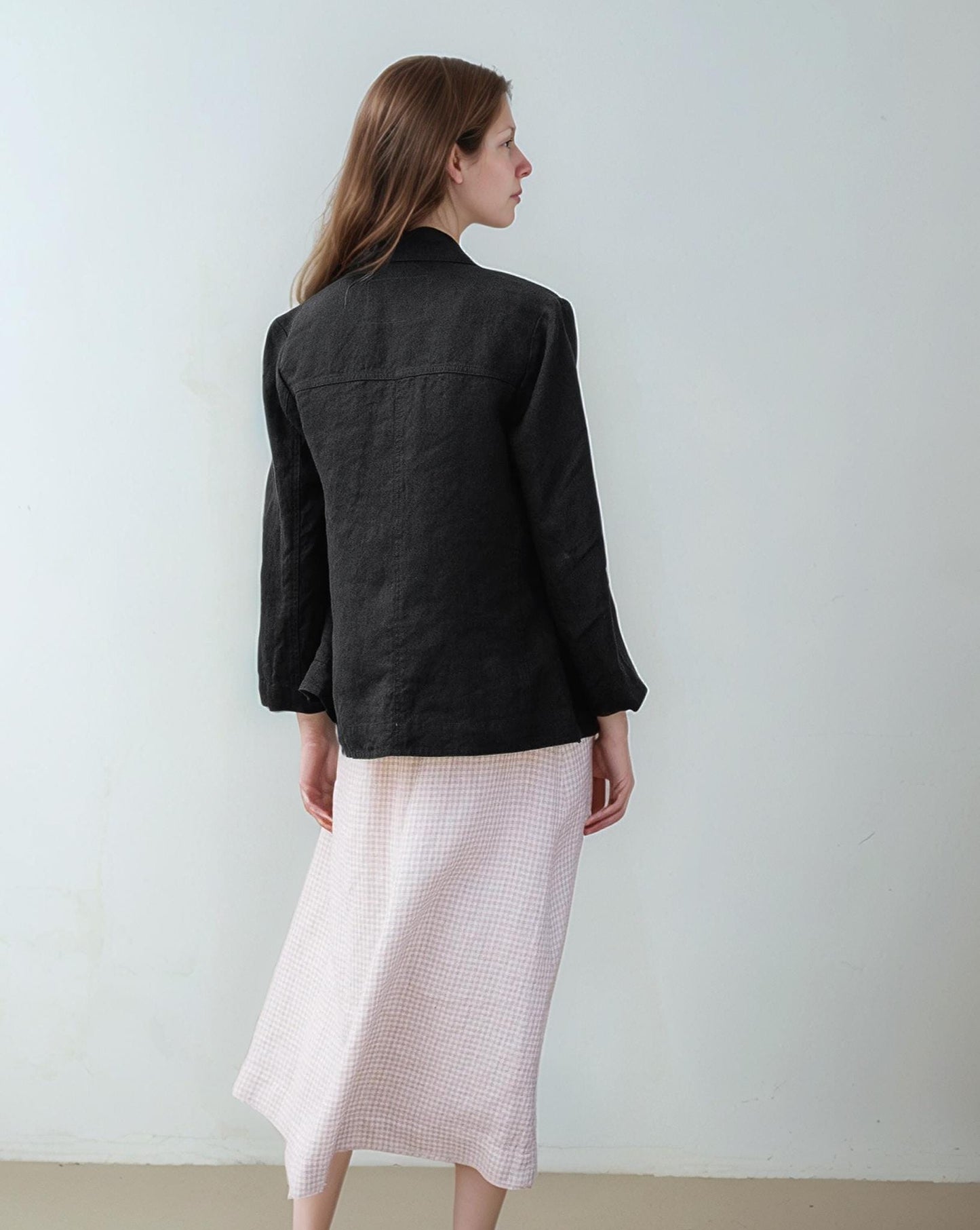 Linen Cropped Jacket for Women, Tailored Overshirt with Patch Pockets, Hip-Length Lightweight Summer Jacket | SKU.25T22T2M