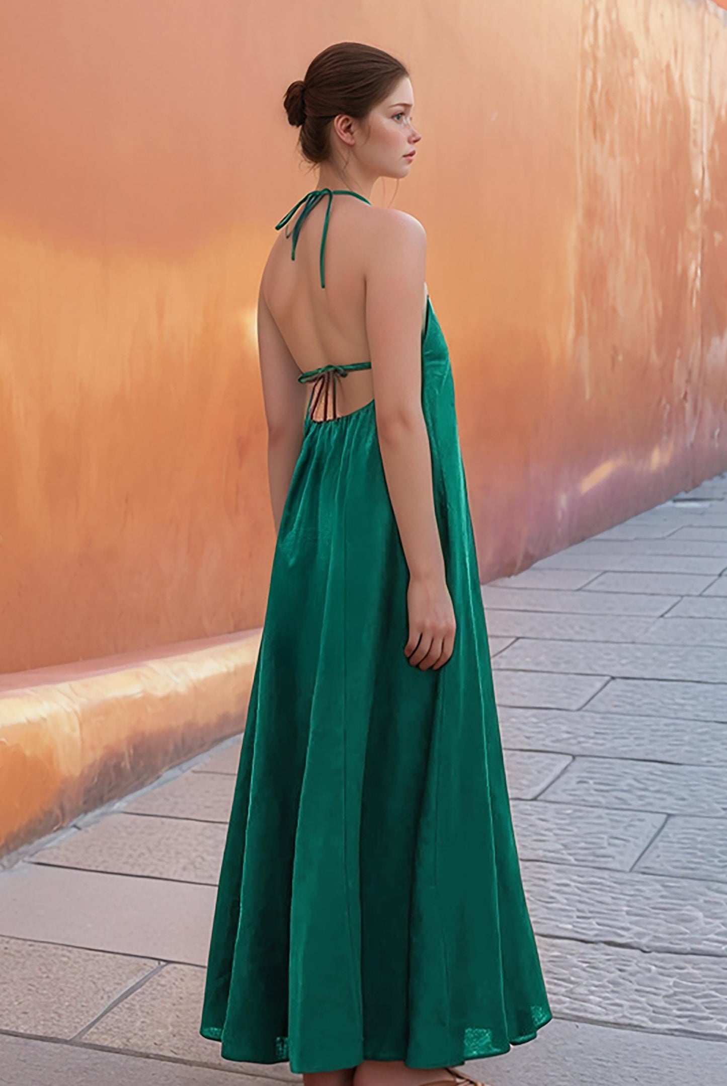 Custom Emerald Green Linen Halter Maxi Dress - Backless Summer Dress, Flowy Vacation Maxi, Sleeveless Resort Dress for Women | SKU.25T14T5B