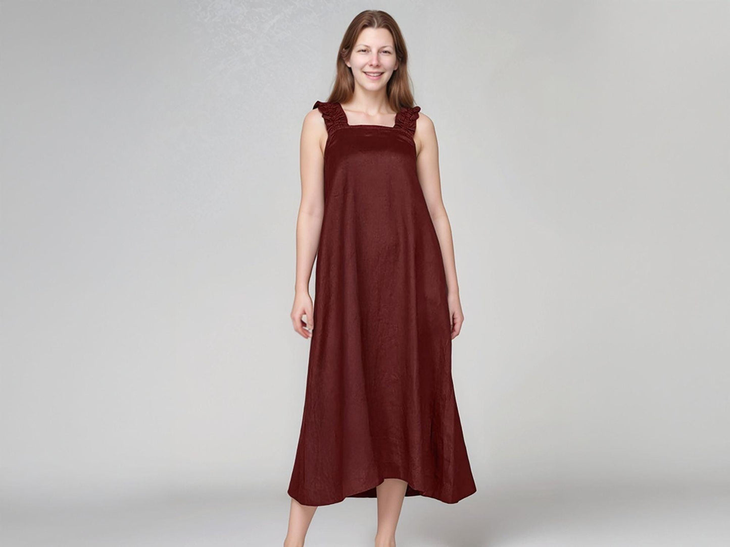Linen Maxi Dress with Ruffle Straps, Summer Sleeveless Sundress, Loose Fit, Women's Casual Boho Style | SKU.25T15T3B