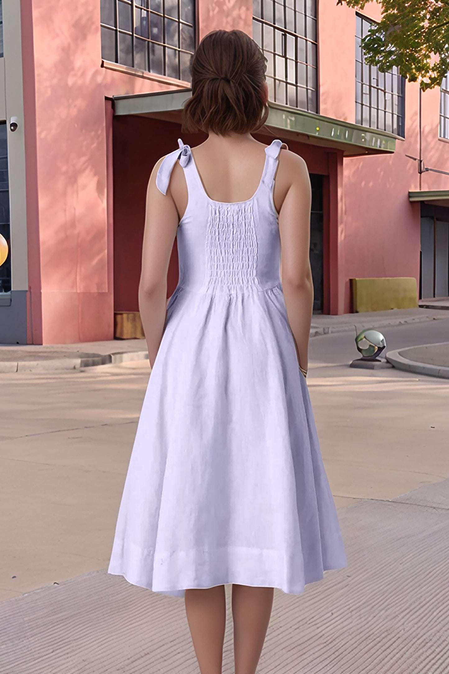 Elegant Sleeveless Linen Midi Dress – Flowy Summer Sundress with Ruffle Collar | SKU.25T11T5G