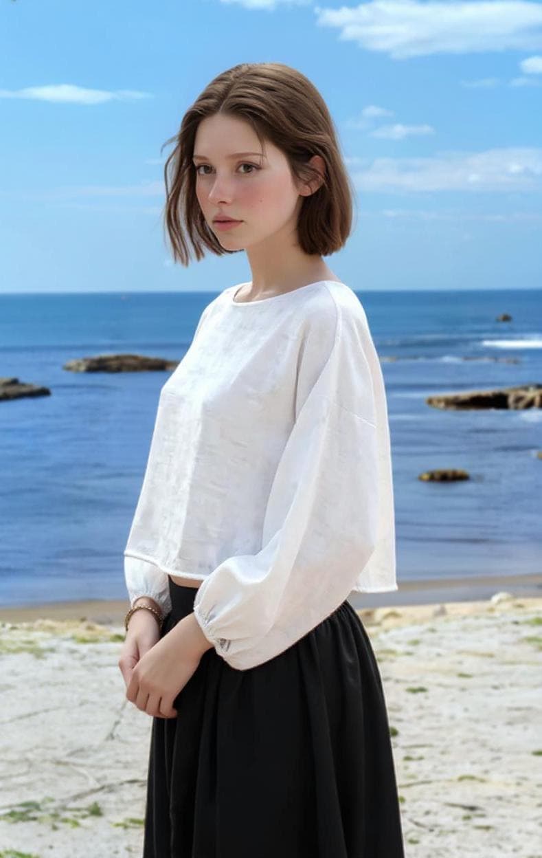 White Linen Blouse for Women - Long Puff Sleeve, Cropped Relaxed Fit, Boho Coastal Top, Handmade Summer Shirt | SKU.25T15T5C