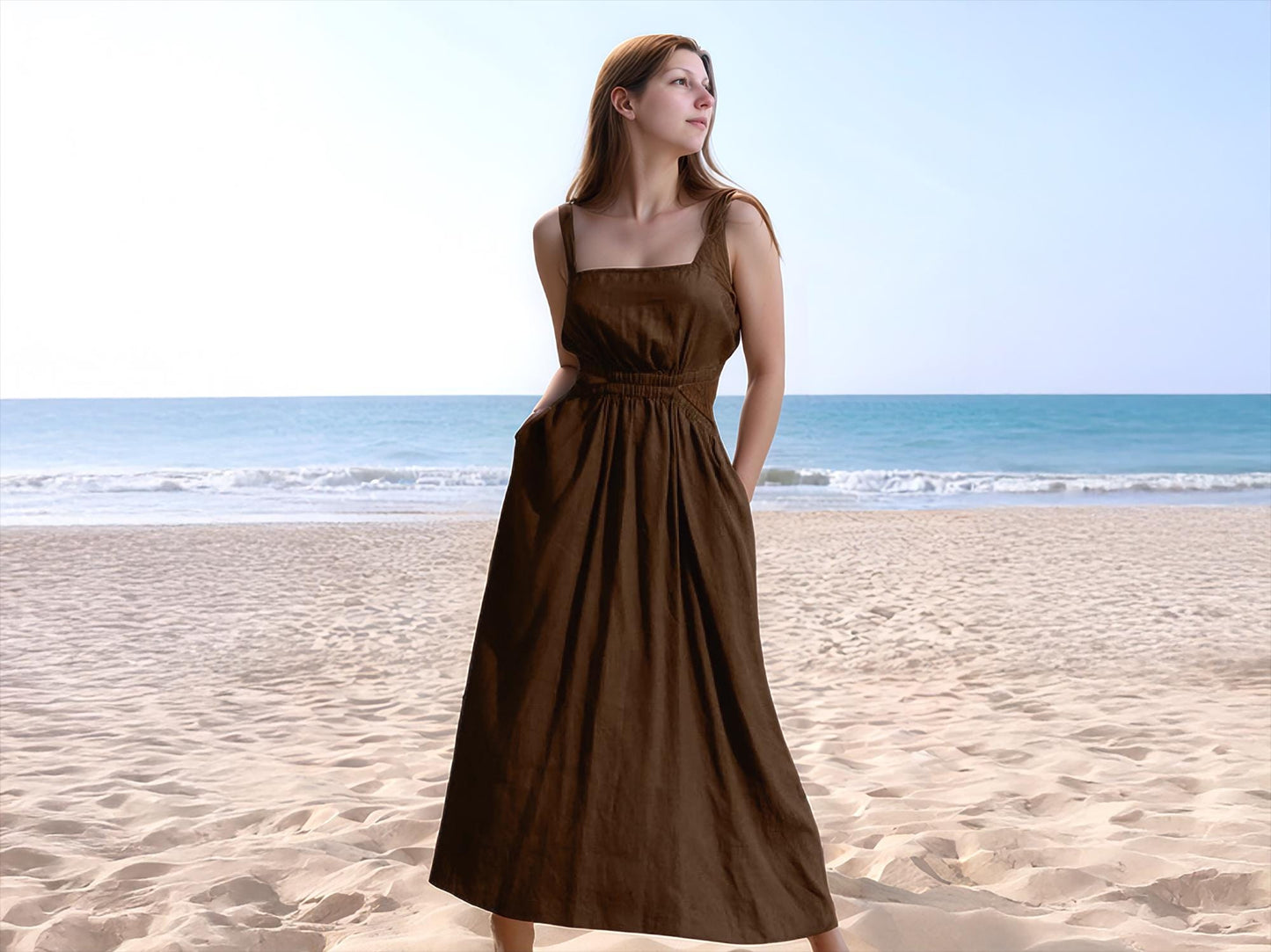 Brown Linen Midi Dress with Pockets - Square Neck Summer Dress, Sleeveless Casual Beach Dress, Elastic Waist Sundress | SKU.25T15T5E