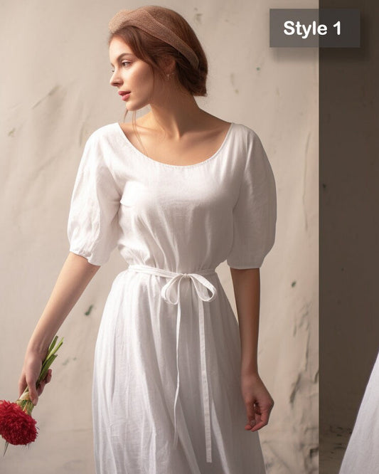 Handmade Modest White Linen Wedding Dress - Midi Summer Dress - Women's Linen Clothing | 230820A