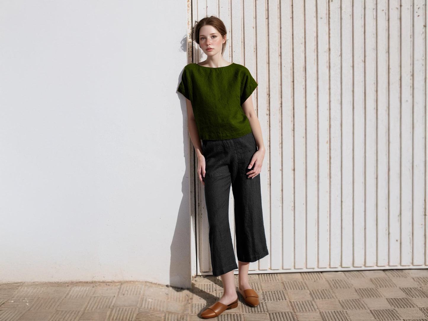 Women's Black Linen Wide-Leg Pants - High-Rise, Straight Cut, Elastic Waist, Patch Pockets, Belt Loops | SKU.25T22T2D
