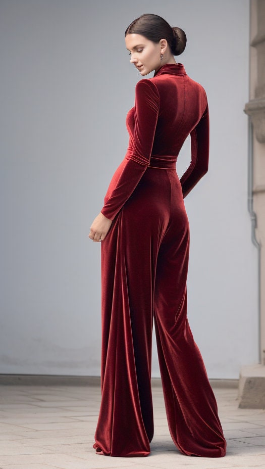 Chic Women's Wide Leg Velvet Jumpsuit | Long Sleeves & Belt | Stylish Wrap Romper | Plus Size - Velvet Wide Leg Jumpsuit | Velvet Turtleneck
