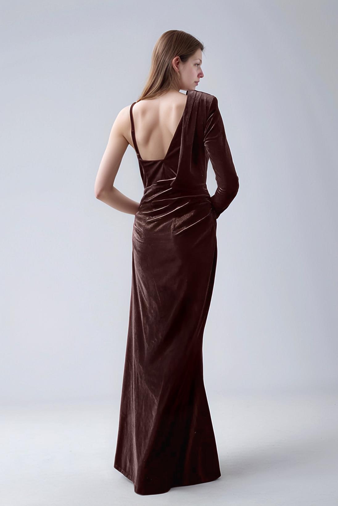 Chocolate Brown Velvet Gown – Long Sleeve Slit Maxi Dress for Formal Events & Parties | SKU.25T17T6I