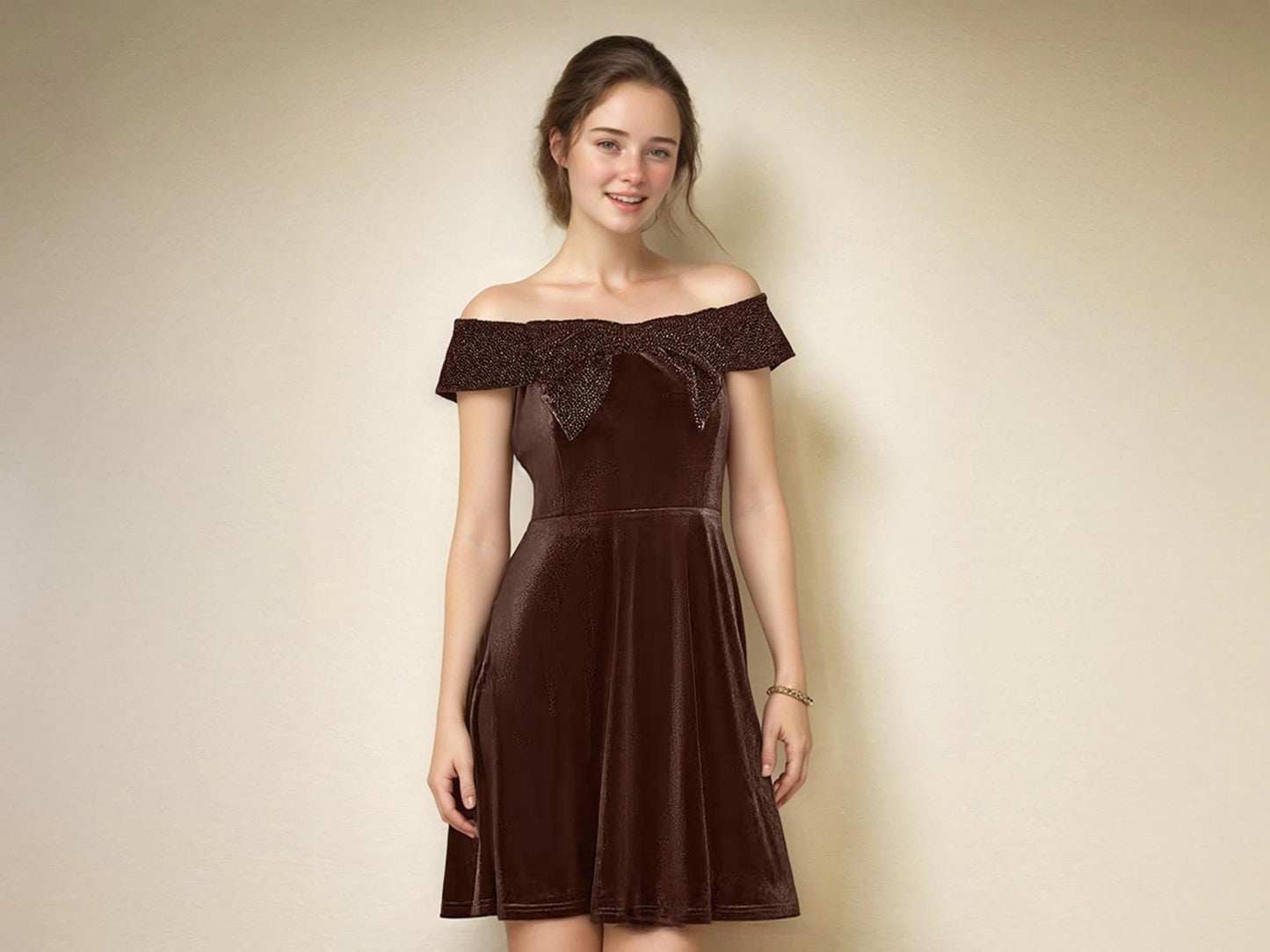 Brown Velvet Off Shoulder Skater Dress – Sparkly Bow Neckline Party Dress | SKU.25T17T6D