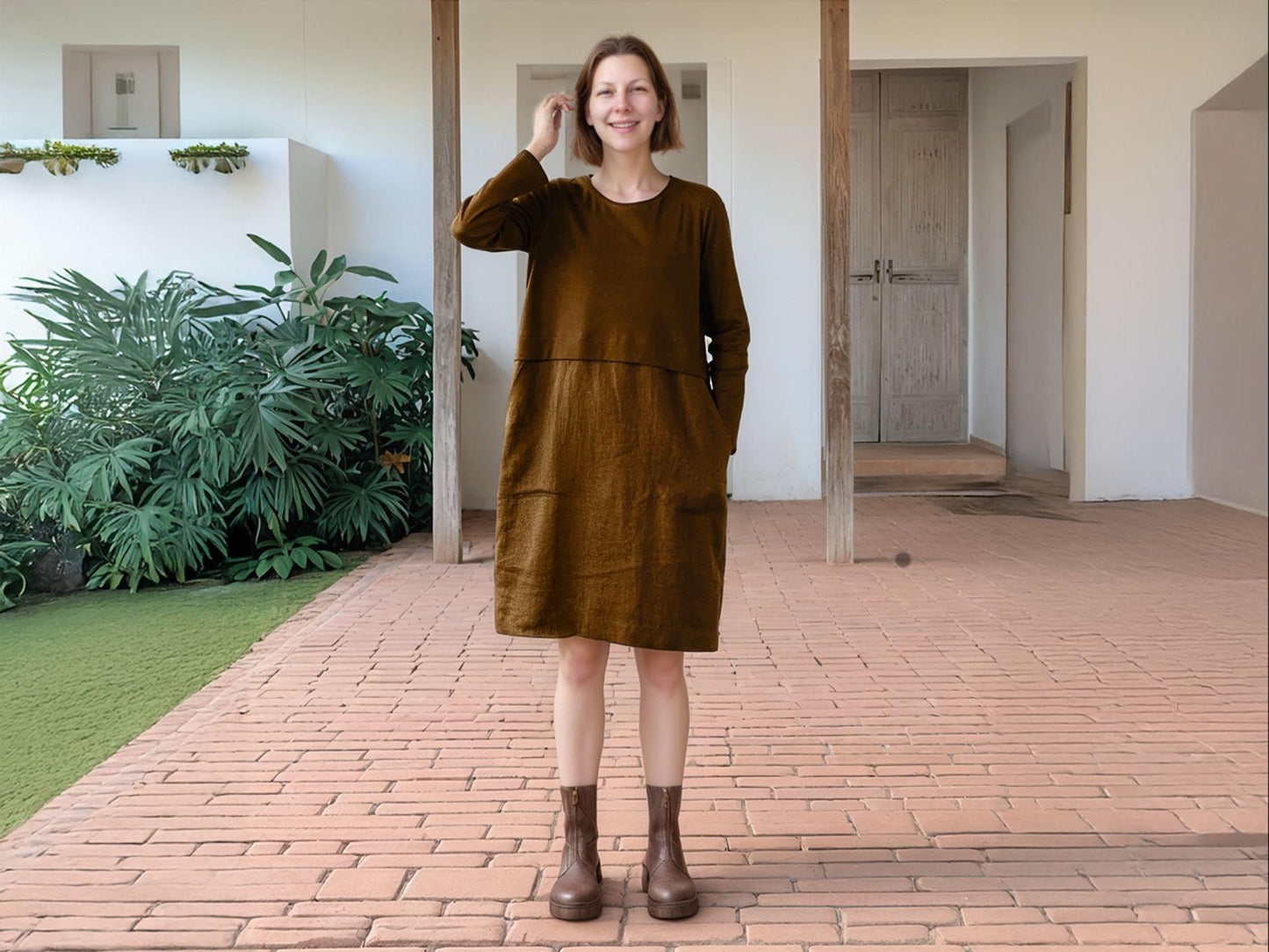 Linen Long Sleeve Shift Dress, Relaxed Fit, Pockets, Minimalist Fall Style, Brown Velvet, Casual Winter Dress | SKU.25T14T7G