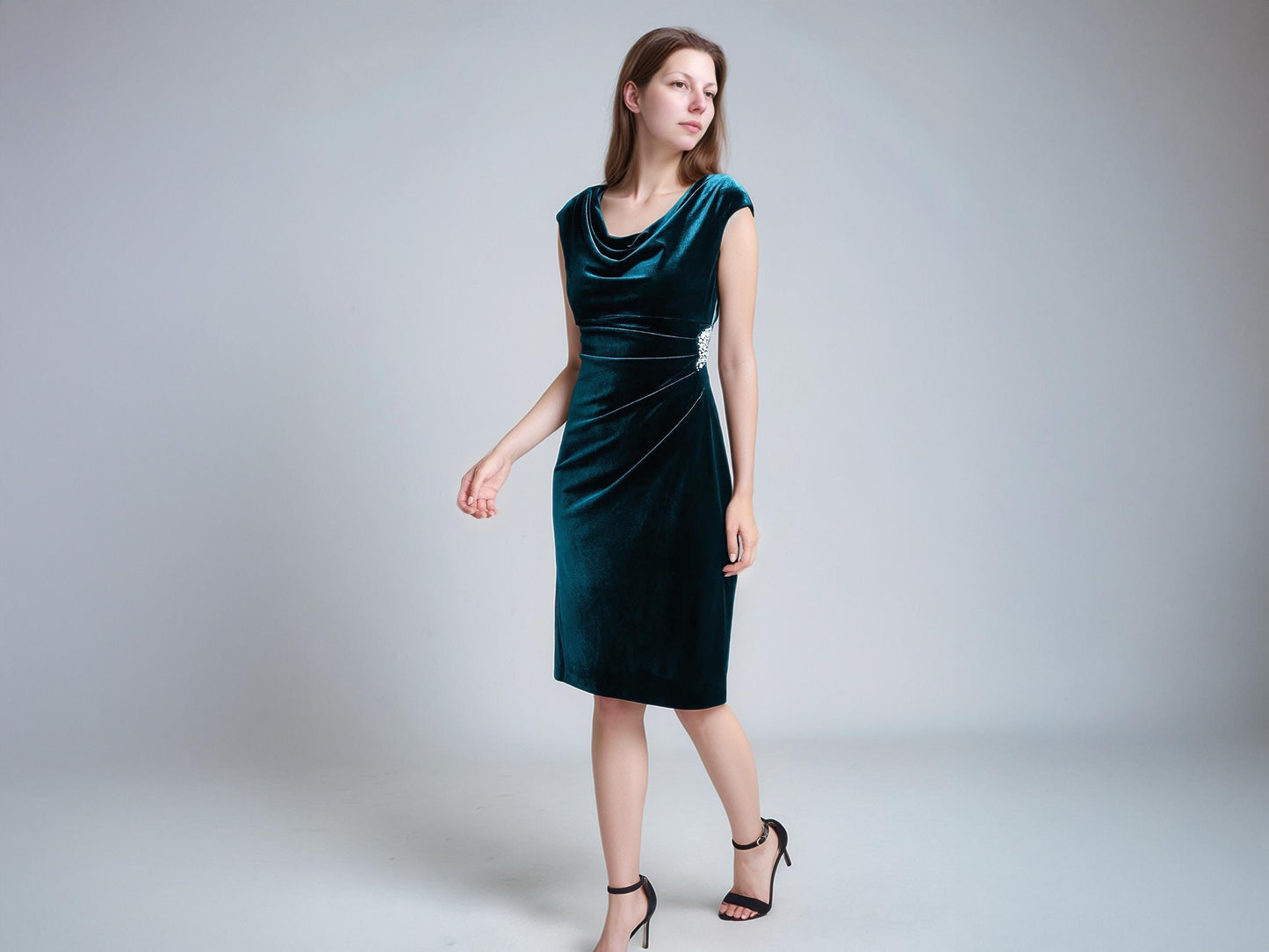 Teal Velvet Midi Dress with Cowl Neckline and Brooch Detail – Elegant Cocktail & Evening Dress | SKU.25T17T6E