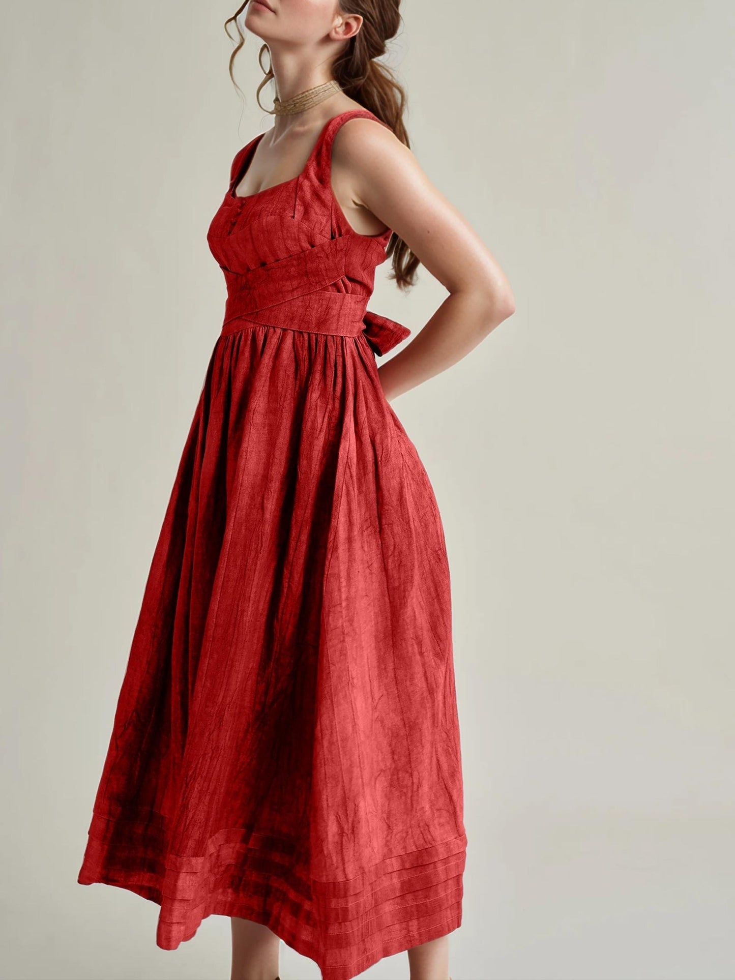 Custom Red Midi Dress, Vintage Style Sleeveless Summer Dress, Elegant Back Bow Dress, Retro Party Outfit | SKU.25T14T6E
