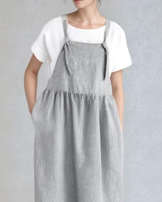 Linen Pinafore Dress for Women, Adjustable Straps, Layered Style, Handmade Apron Dress, Summer Minimalist Outfit | SKU.25T14T7U