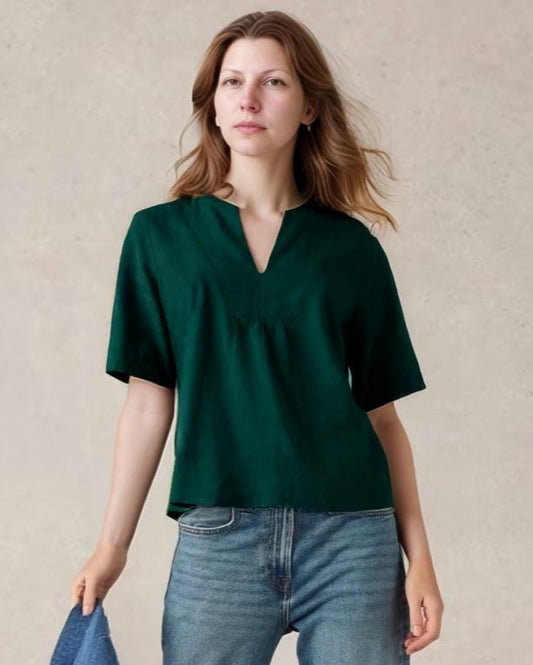 Linen V-Neck Boxy Top - Relaxed Fit Summer Shirt with Short Sleeves and Band Collar | SKU.25T22T3N