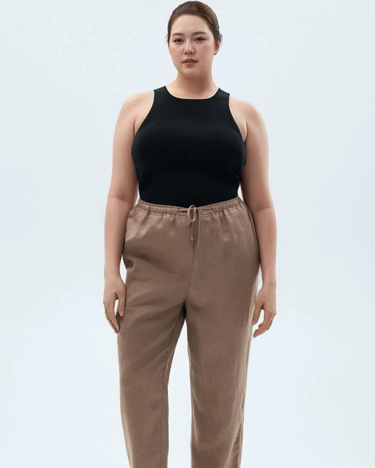 Plus Size Linen Trousers for Women - Elastic Waist Drawstring Pants, Casual Loose Fit Cropped Pants | SKU.25T22T5H