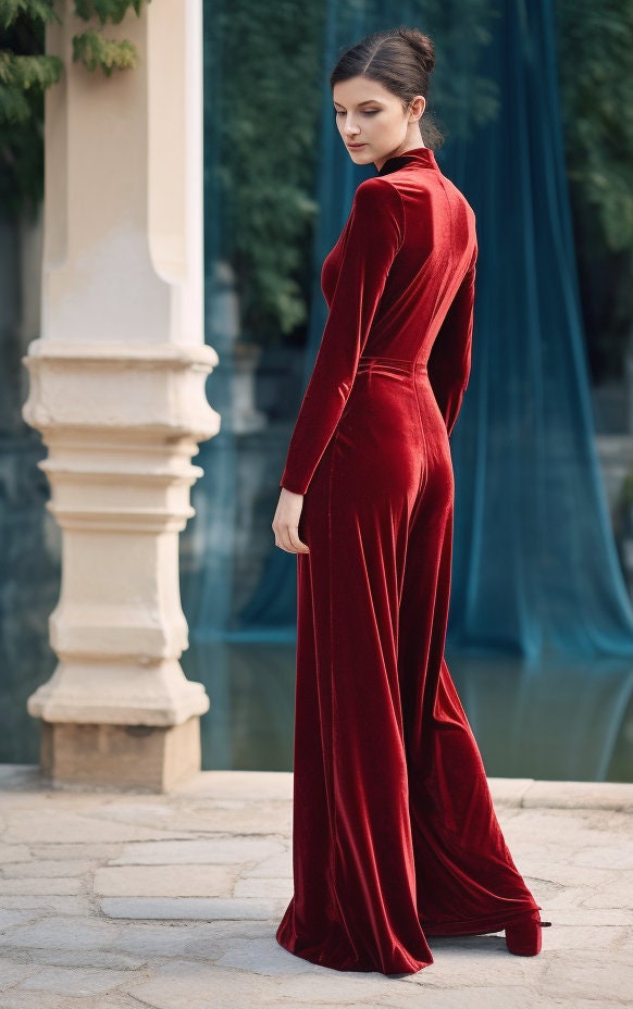 Stylish Velvet Wide Leg Jumpsuit | Long Sleeves, Wrap Neck, Closed Back | Elegant Velvet Mandarin Collar Dress | Includes Self-Tie Belt