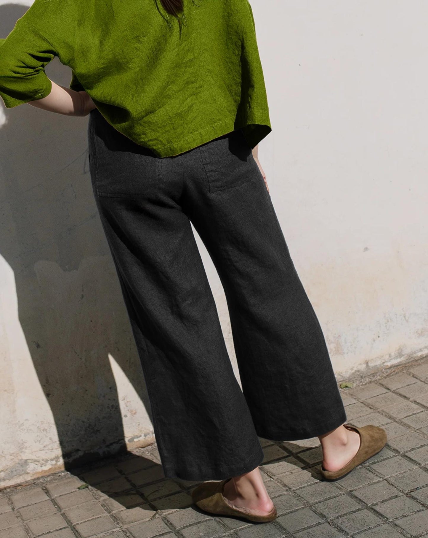 Women's Black Linen Wide-Leg Pants - High-Rise, Straight Cut, Elastic Waist, Patch Pockets, Belt Loops | SKU.25T22T2D