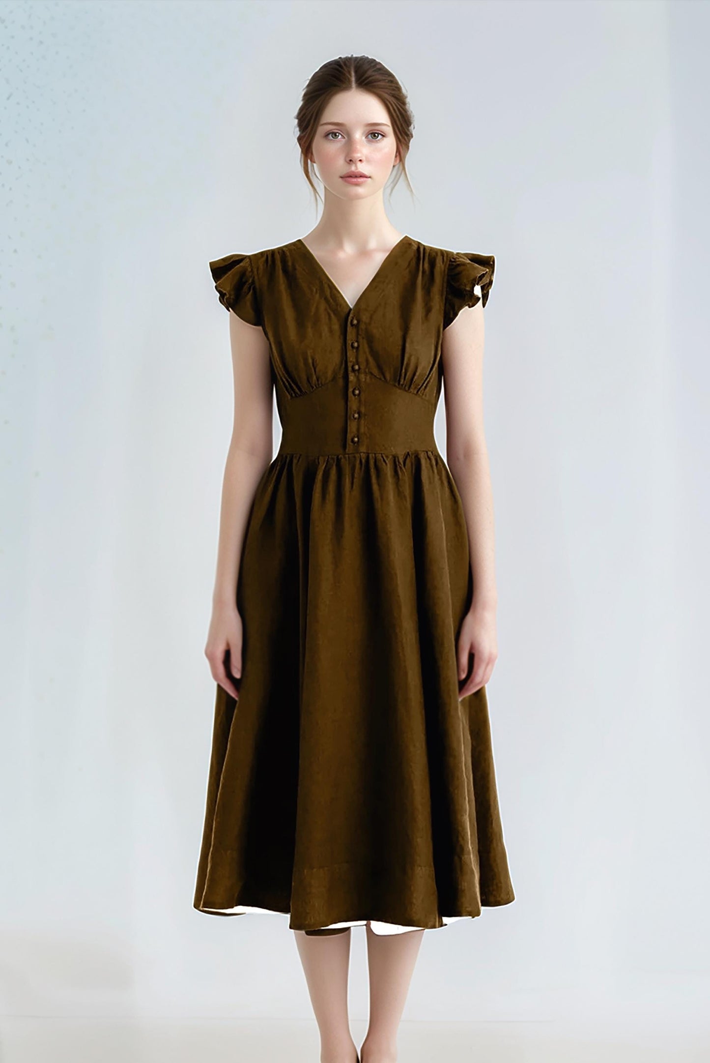 Vintage-Inspired Linen Midi Dress – Elegant Ruffled Cap Sleeve Dress with Button-Front | SKU.25T11T5H