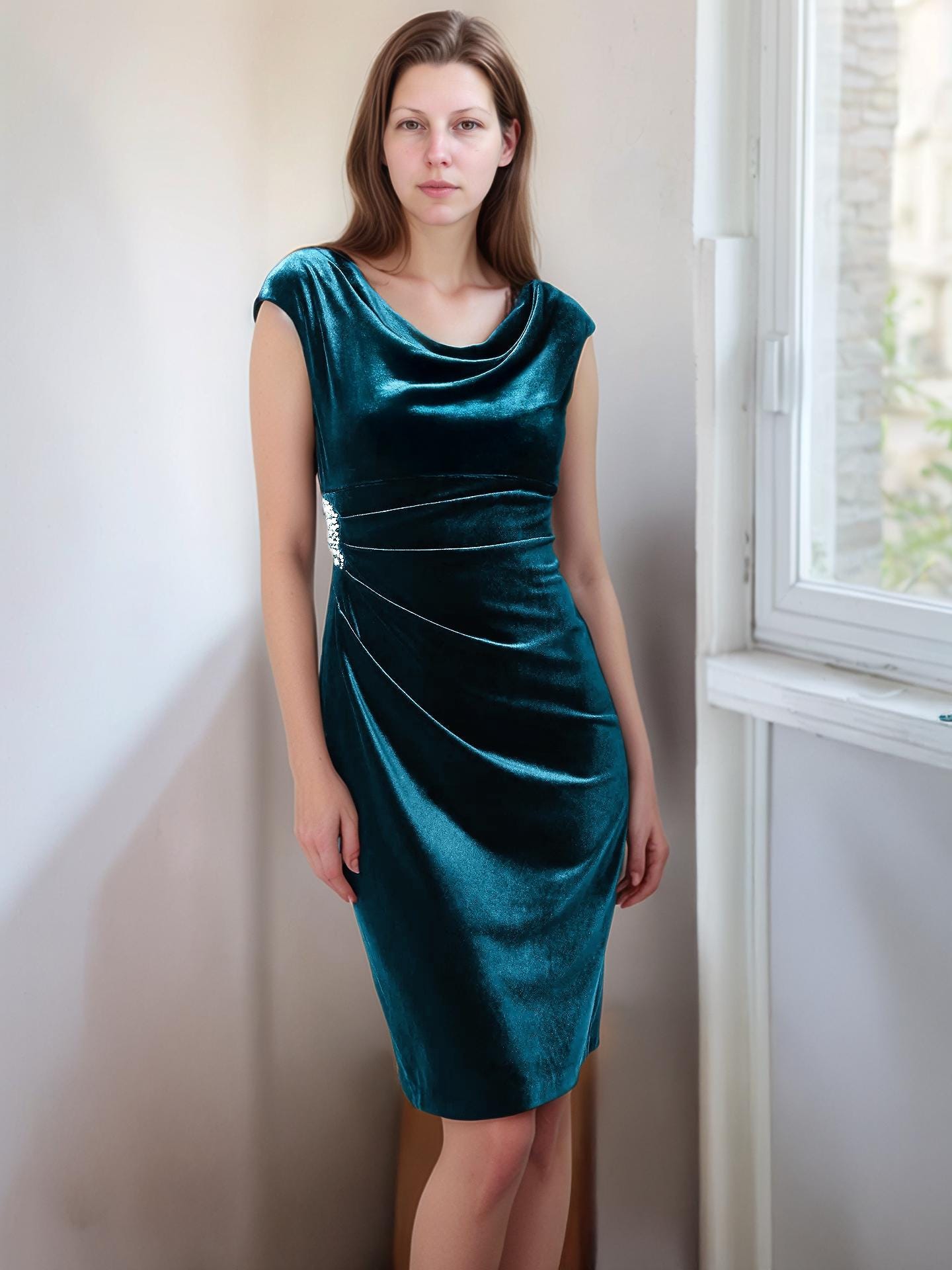 Teal Velvet Midi Dress with Cowl Neckline and Brooch Detail – Elegant Cocktail & Evening Dress | SKU.25T17T6E