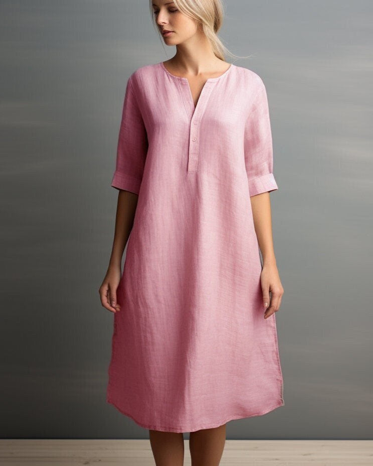 Stylish Linen Dress with Pockets | Split Neck and 3/4 Sleeves | Below Knee Length Shift Dress | Customizable | Personalizable | 230519A1