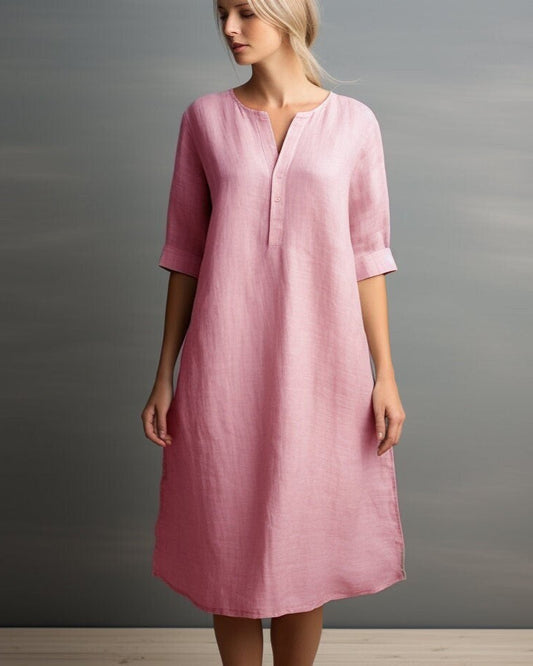 Stylish Linen Dress with Pockets | Split Neck and 3/4 Sleeves | Below Knee Length Shift Dress | Customizable | Personalizable | 230519A1