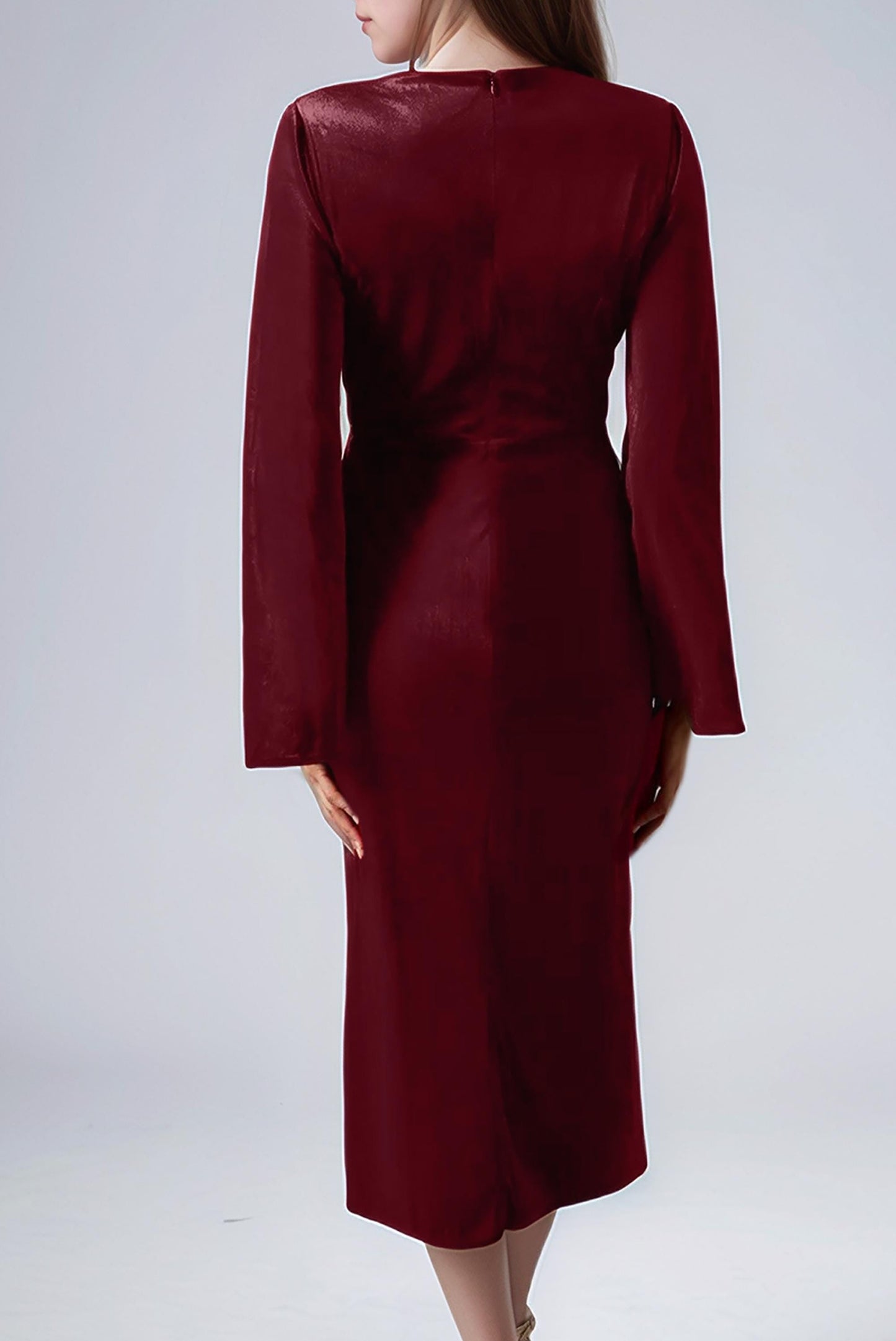 Burgundy Velvet Wrap Dress – Elegant Long Sleeve Midi Dress for Formal Events & Weddings | SKU.25T17T6H