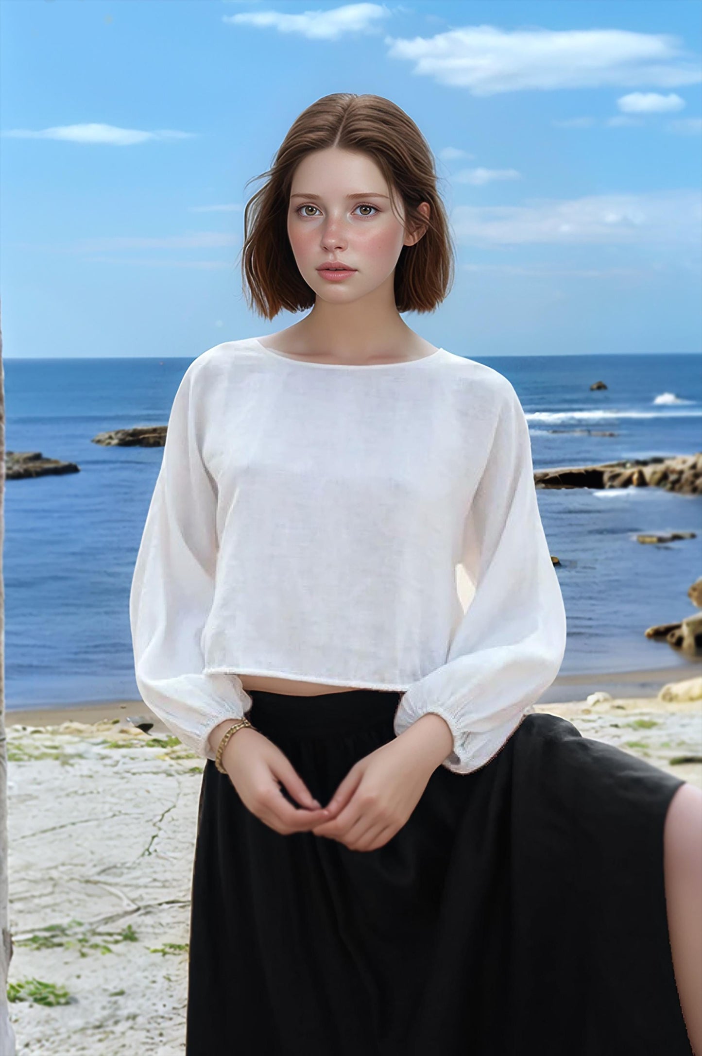 White Linen Blouse for Women - Long Puff Sleeve, Cropped Relaxed Fit, Boho Coastal Top, Handmade Summer Shirt | SKU.25T15T5C